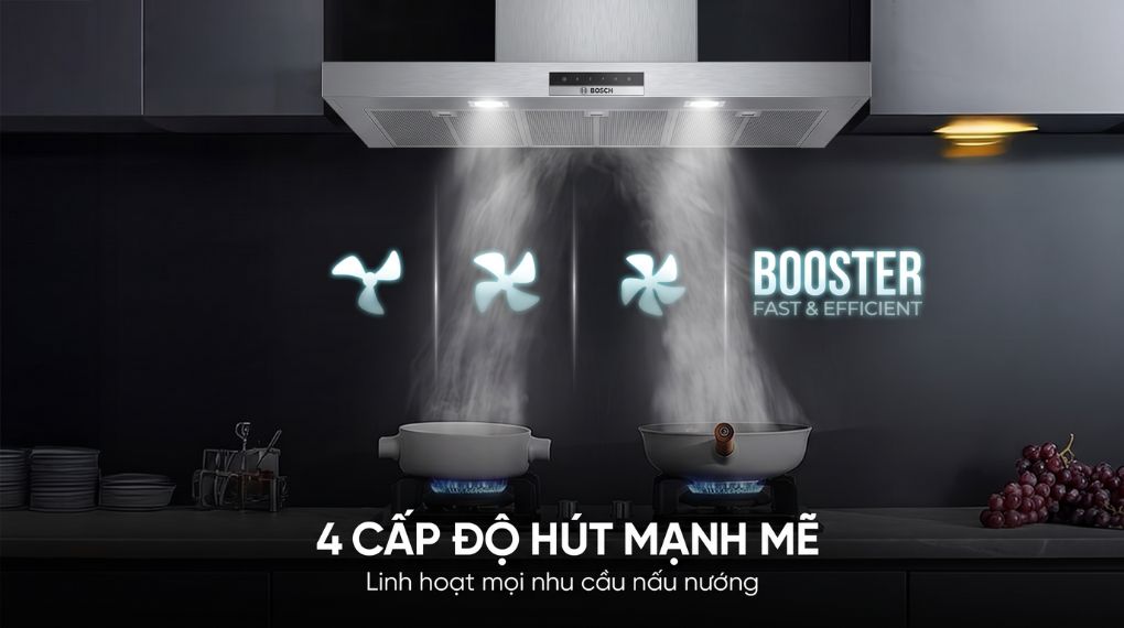 Máy hút mùi áp tường Bosch DWB97DM50B Serie 4 - chế độ hút tăng cường tự động trở về chế độ thường