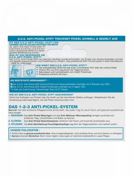 SOS Anti Pickel Stift Hautklar Anti Pickel 10ml Verpackung Rueckseite Garnier Deutschland gr 450x600 1 Gia Dụng Đức Sài Gòn