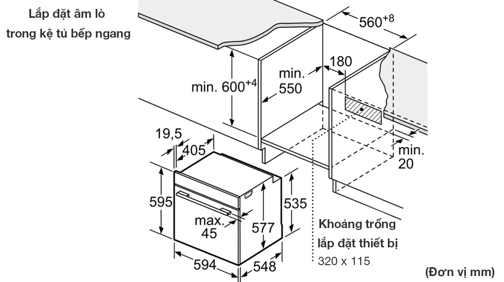 Lò nướng kèm hấp Bosch HSG7361B1 Serie 8 - Thông số lắp đặt âm tủ 