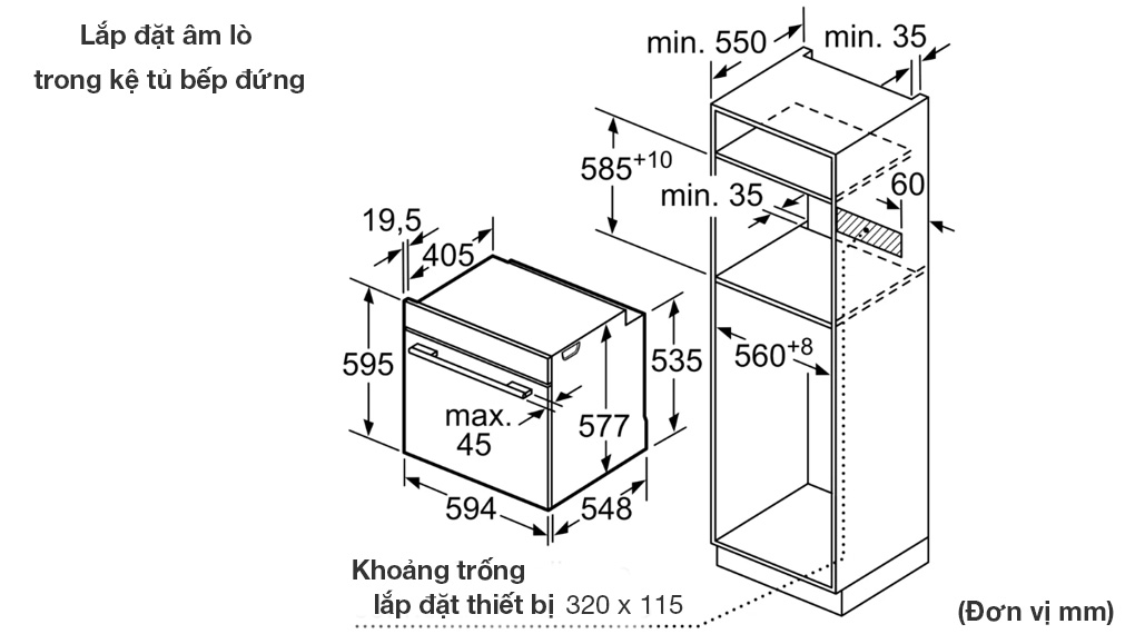 Lò nướng kèm hấp Bosch HSG7361B1 Serie 8 - Thông số lắp đặt âm tủ đứng