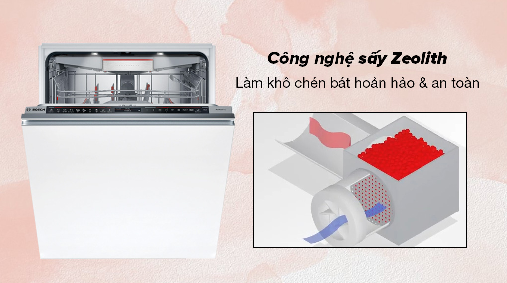 Máy rửa bát âm tủ Bosch SMD8TCX01E Series 8 - Công nghệ sấy khô nhiệt độ bằng hạt Zeolith làm khô chén bát hiệu quả