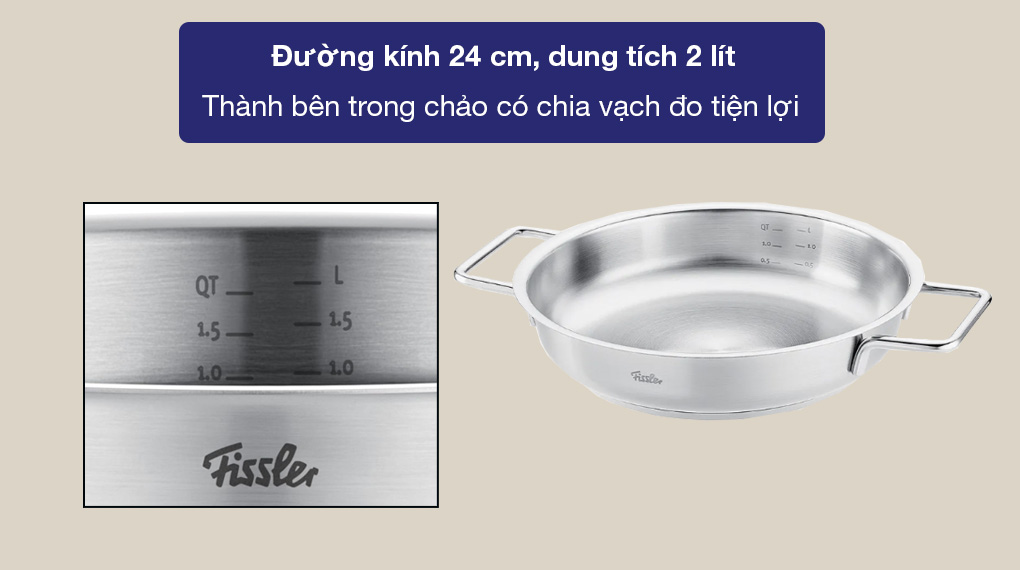 Chảo inox Fissler 086-384-24-100/0 Pure - Đường kính 24cm, dung tích 2 lít, được chia vạch đo bên trong