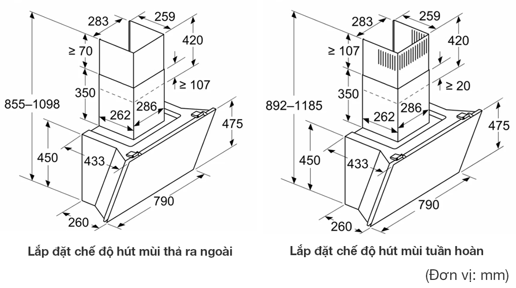 Máy hút mùi áp tường Bosch DWK81AN60 Series 6 - Thông số lắp đặt