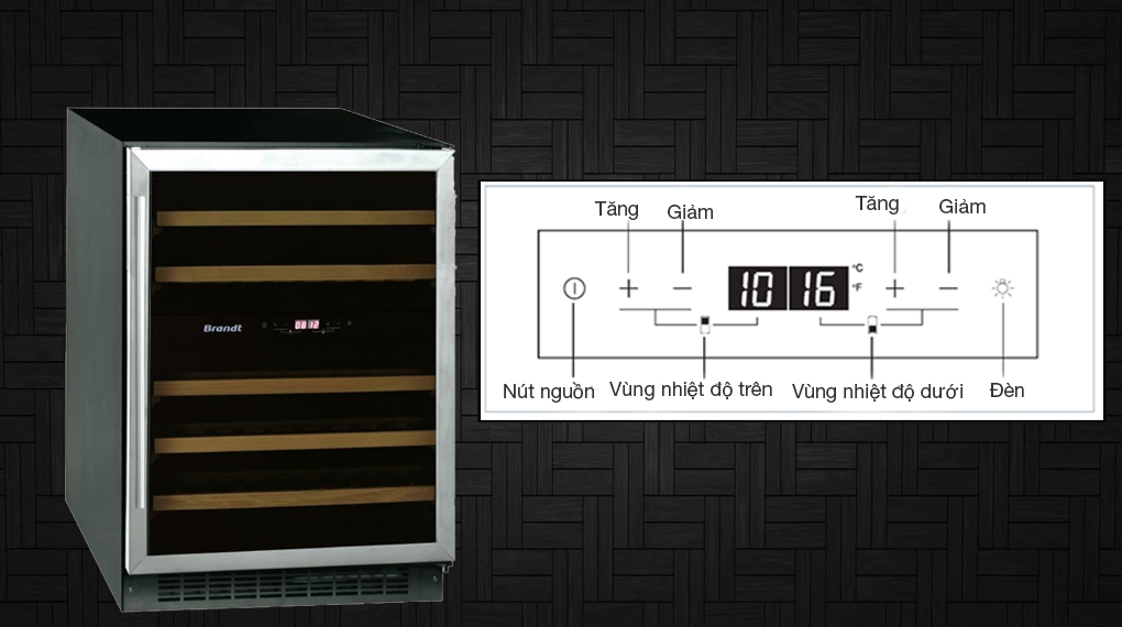 Tủ bảo quản rượu vang Brandt CAV80X 46 chai âm tủ - Bảng điều khiển nút nhấn kèm màn hình LED hiển thị