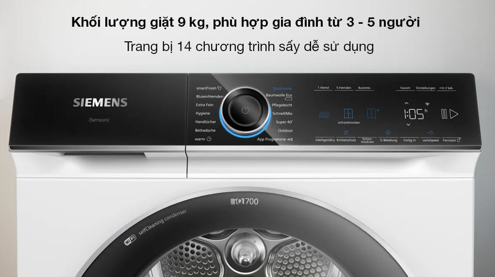 Máy sấy bơm nhiệt Siemens 9 kg WQ46B2 iQ700 - Khối lượng sấy 9 kg