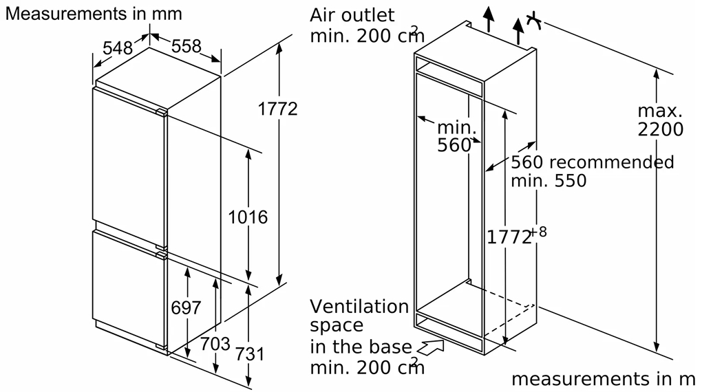 Tủ lạnh âm tủ Siemens 260 lít KI86NADD0 iQ500 - Kích thước lắp đặt Tủ lạnh âm tủ Siemens 260 lít KI86NADD0 iQ500