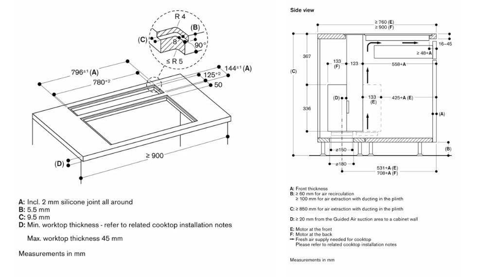 Máy hút mùi âm bàn Gaggenau AL200180 Serie 200 - thông số lắp đặt