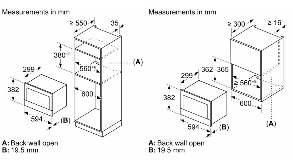 Lò vi sóng kèm nướng Bosch BER7321B1 Series 8 âm tủ - Kích thước lắp đặt Lò vi sóng kèm nướng Bosch BER7321B1 Series 8 âm tủ