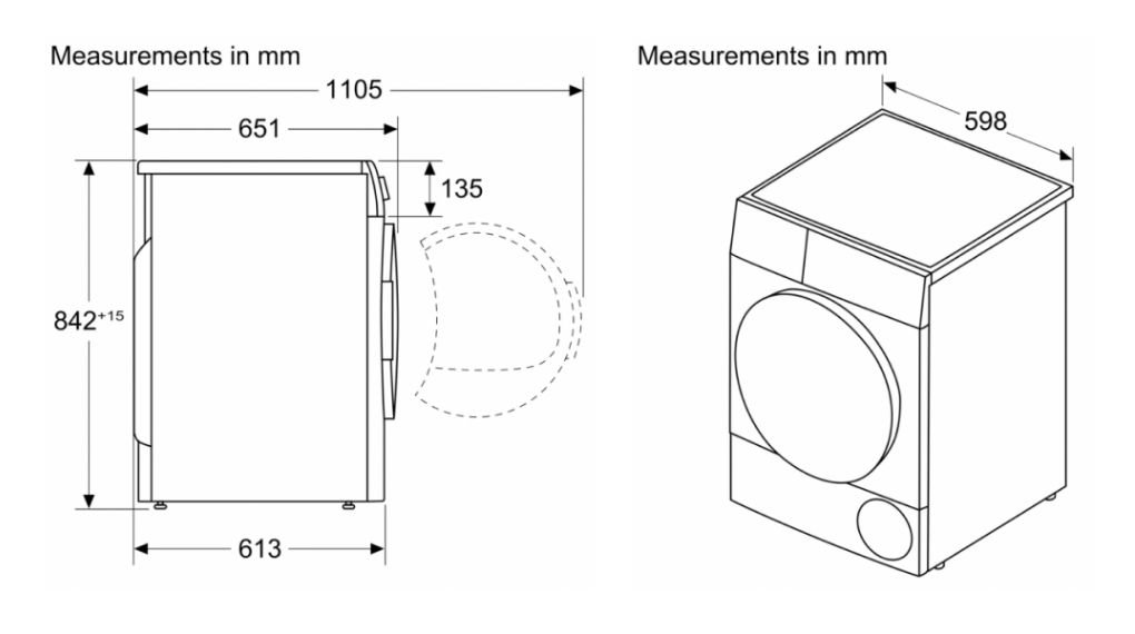 Máy sấy bơm nhiệt Bosch 9 kg WQB245B0SG Serie 8 - thông số lắp đặt