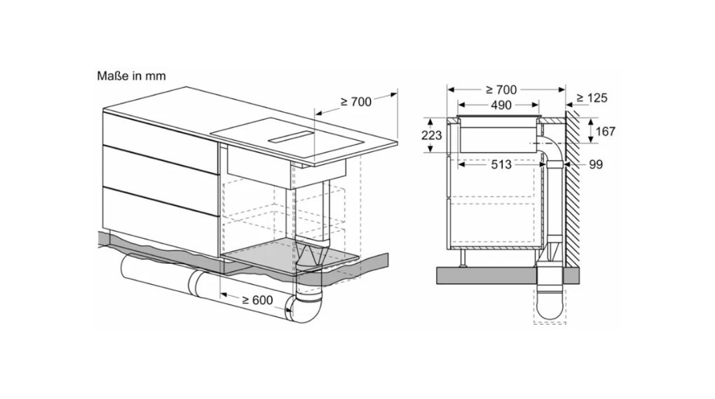 Bếp từ đa điểm kèm hút mùi Bosch PXX890D51E Series 8 Accent Line 7400 W - thông số lắp đặt
