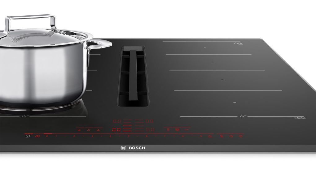 Bếp từ đa điểm kèm hút mùi Bosch PXX890D51E Series 8 Accent Line 7400 W - động cơ EcoSilence Drive hiệu suất cao