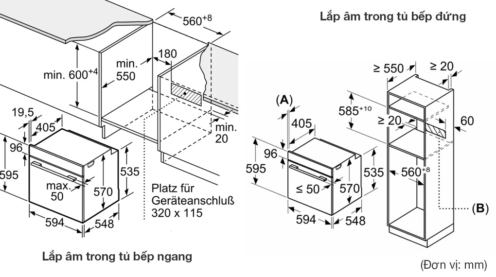 Lò nướng hơi nước Bosch HQA4720B3 Series 4 Accent Line âm tủ-Thông số lắp đặt Lò nướng hơi nước Bosch HQA4720B3 Series 4 Accent Line âm tủ-Thông số lắp đặt