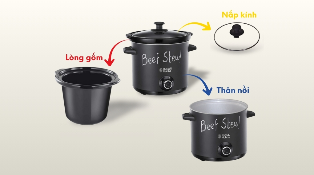 Nồi nấu chậm gồm 3 bộ phận chính là thân nồi, lòng gốm và nắp nồi