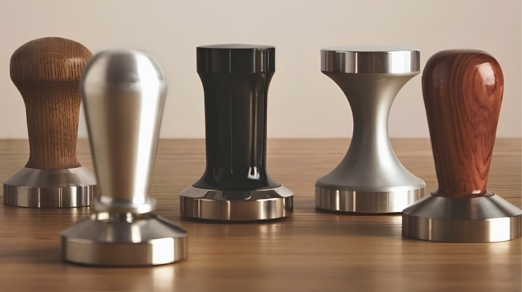 Tamper được làm từ nhiều chất liệu khác nhau như nhôm, thép không gỉ (Inox 304) hoặc gỗ tự nhiên