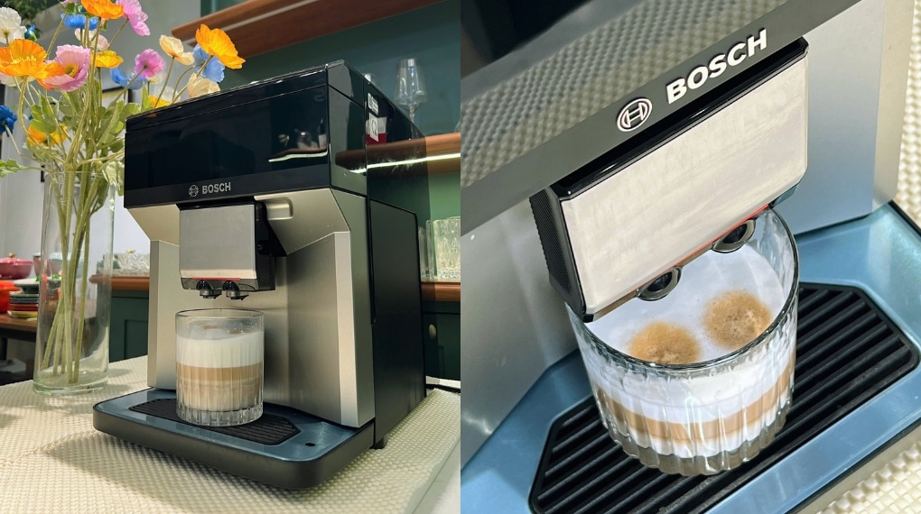 Máy pha cà phê Bosch Series 4 hỗ trợ vòi sữa linh hoạt, có thể cắm trực tiếp ống dẫn vào hộp sữa đang dùng
